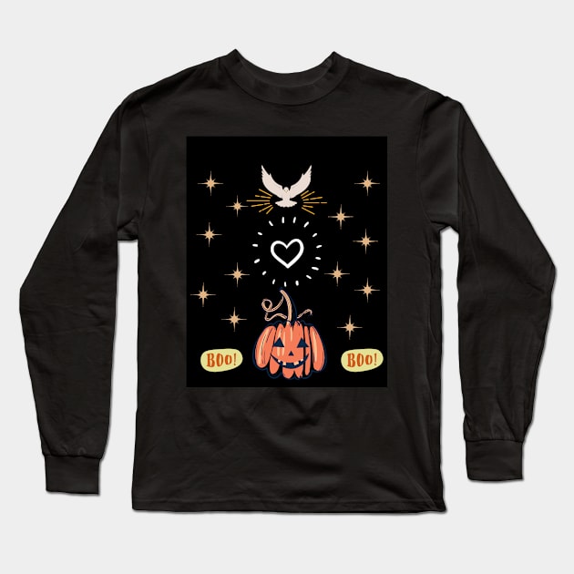 Peace Love And Scary Pumpkin Long Sleeve T-Shirt by TANSHAMAYA